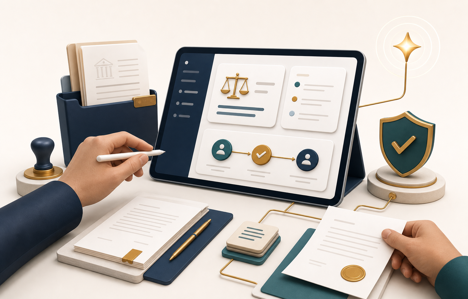 Illustration of a digital legal workflow interface with contracts, approval nodes, and trust signals