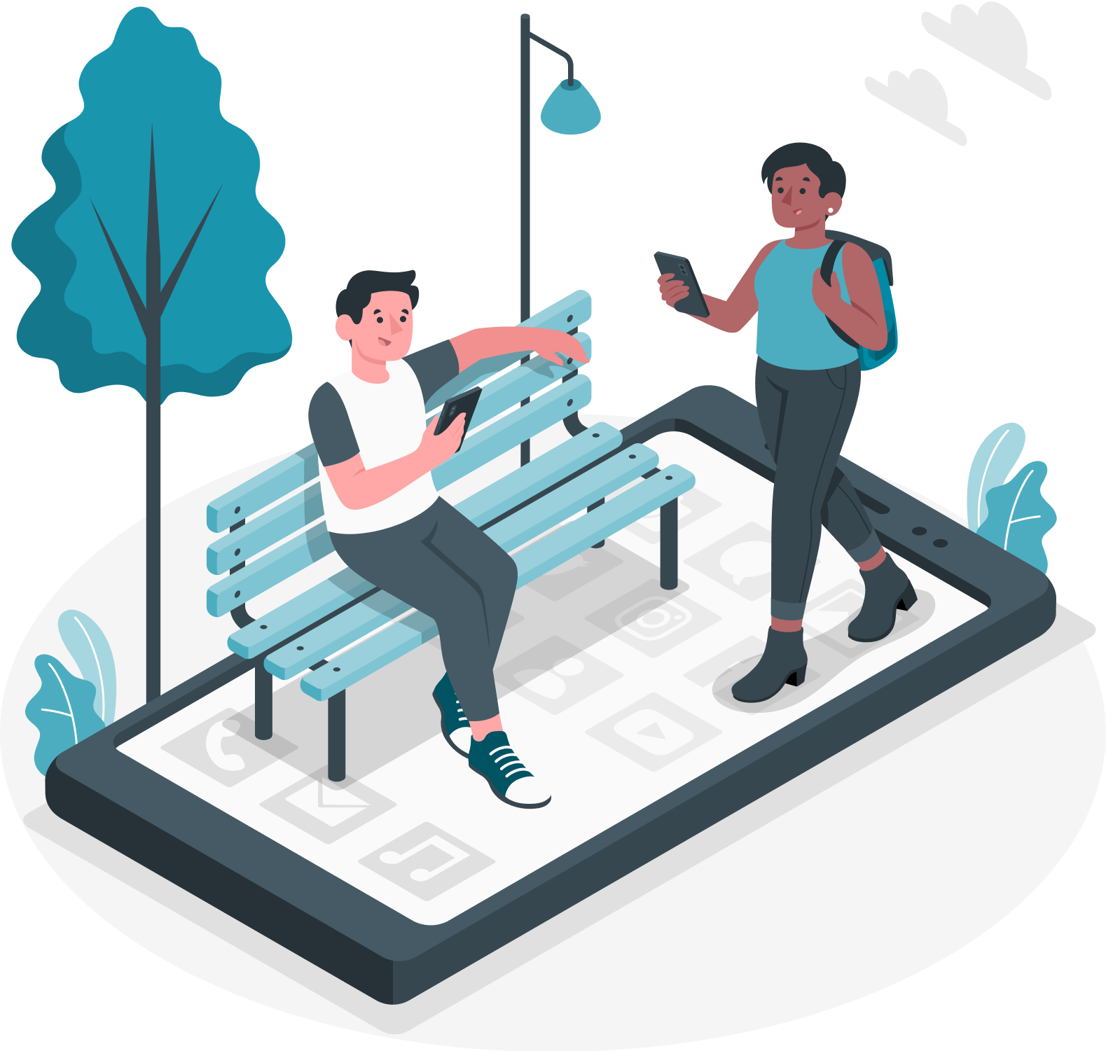 Illustration of people interacting through a mobile rental workflow